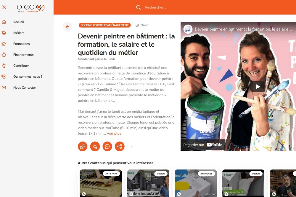 Copie d'écran du site web Olecio, plateforme d'information sur les métiers, l'emploi et la formation