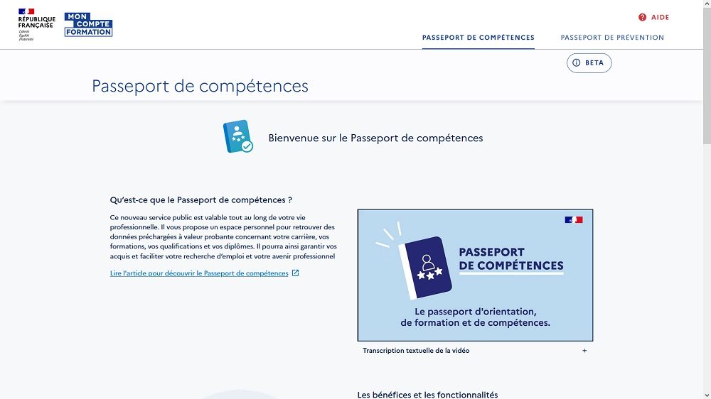 Copie d'écran de la version beta du passeport de compétences développé par la Caisse des dépôts