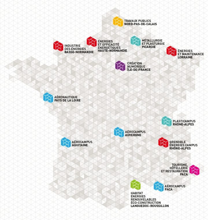 Carte nationale des 14 campus des métiers et des qualifications labellisés