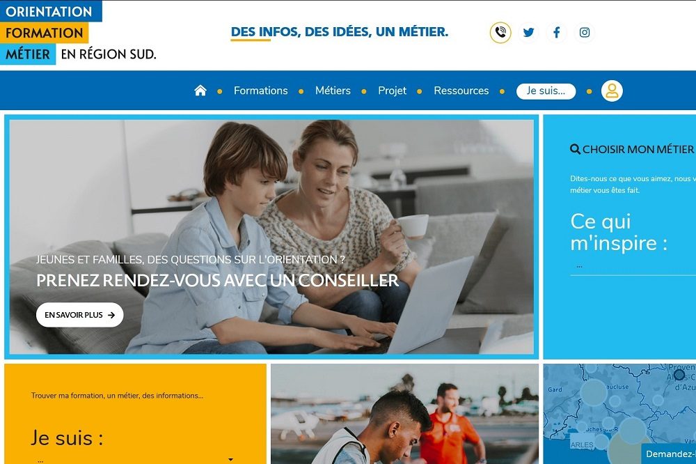 Copie d'écran de la page d'accueil du portail d'orientation de la Région Sud Provence-Alpes-Côte d'Azur