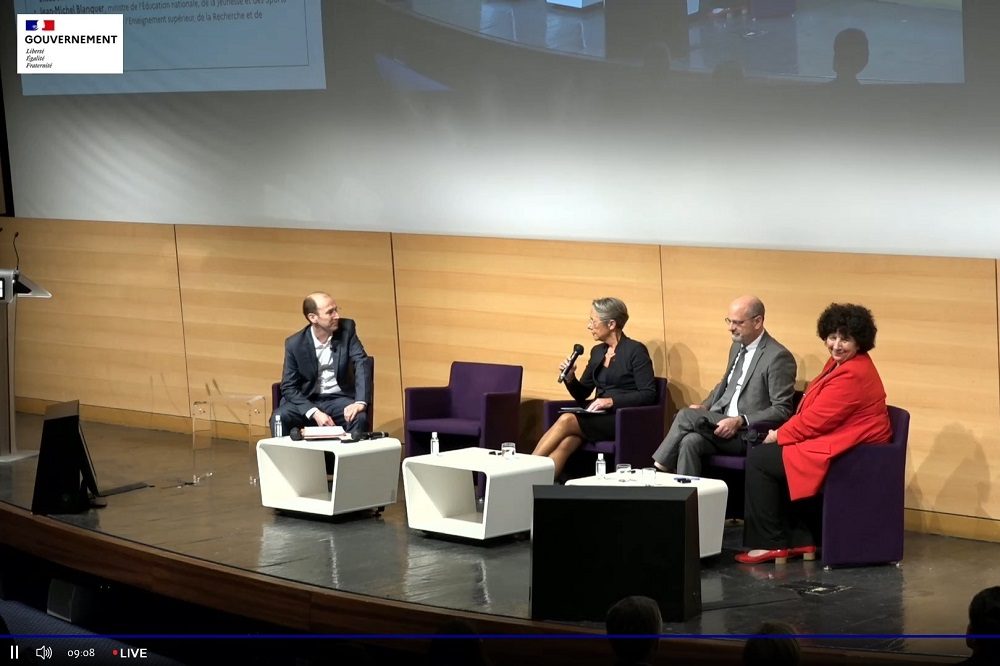 Lors de la présentation du rapport Métiers 2030 (France Stratégie et Dares), le 16 mars 2022. Élisabeth Borne, ministre du Travail, Jean-Michel Blanquer, ministre de l’Éducation nationale, Frédérique Vidal, ministre de l’Enseignement supérieur.