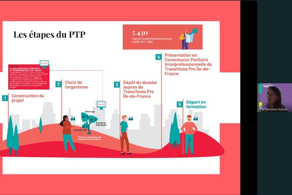 Copie d'écran Présentation de l'étude sur les bénéficiaires franciliens 2021 du Projet de transition professionnelle (PTP), par Françoise Gomes, chargée de mission Transitions Pro Île-de-France - Webinaire du 3 juin 2023