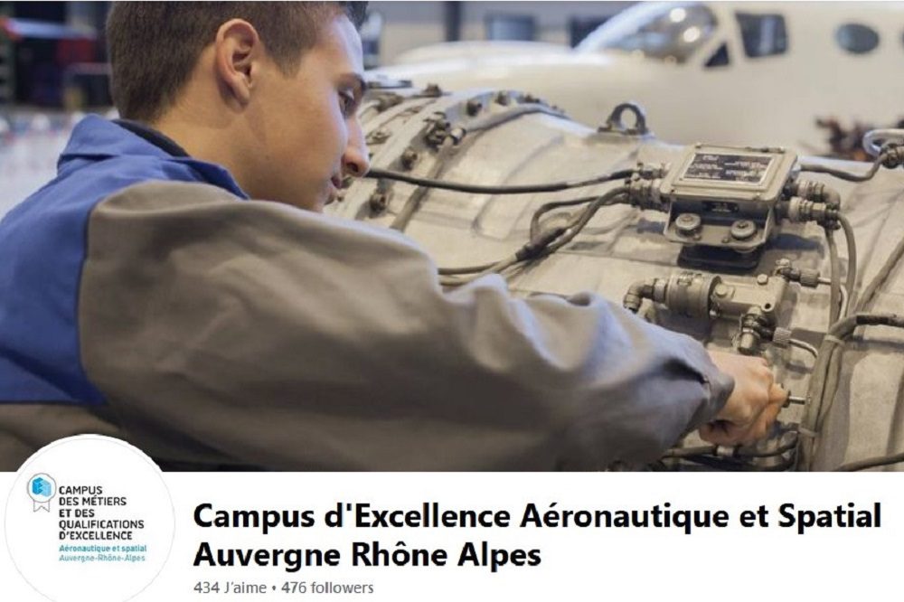 Page d'accueil Facebook du Campus d'excellence des métiers et qualifications Aéronautique et spatial Auvergne-Rhône-Alpes